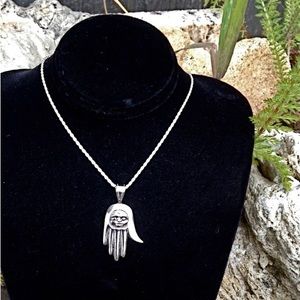 Silver Healing Hand Necklace. Native style, cast in silver, on 18 “ chain.